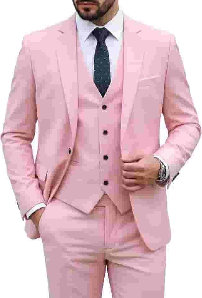 Conjunto de terno masculino slim fit de 3 peças, colete de um botão liso com gravata, Rosa claro, XP
