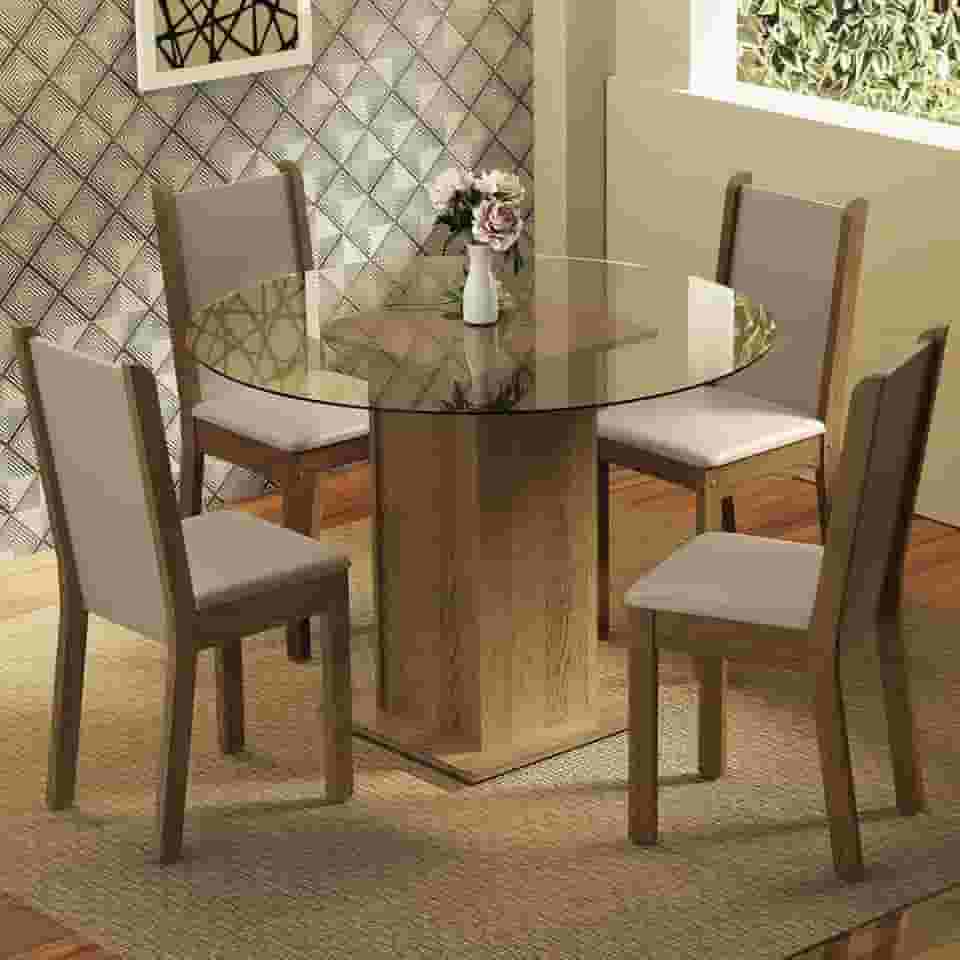 Conjunto Sala de Jantar Madesa Nanda Mesa Tampo de Vidro Redondo 4 Cadeiras - Rustic/crema/bege