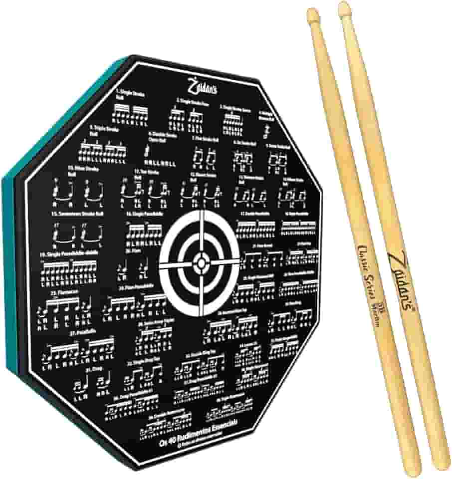 Kit Pad Estudo Bateria Praticável 8 Polegadas Ou 20cm Rudimentos Essenciais + Par de Baquetas Classic Series Zaidan's By Spanking (5B)