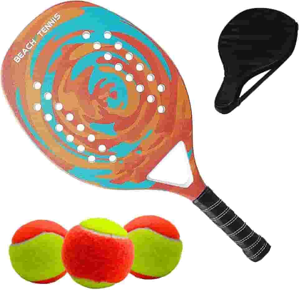 Kit Raquete Para Beach Tennis Profissional em Fibra Carbono Com Capa Protetora e 3 Bolinhas de Beach Tennis Para Iniciantes e Profissionais