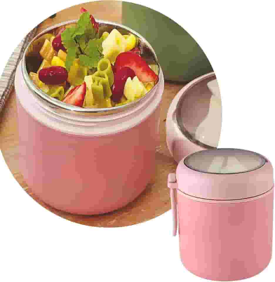Pote Térmico Infantil, Marmita Térmica de Inox com Colher e Tampa Antivazamento, Conserva Quente e Frio, Capacidade de 530ml, Ideal para Alimentos, Papinhas, Sopas ou Frutas (Rosa)