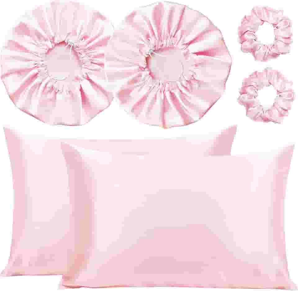 Kit 2 Fronha De Cetim Seda + 2 Toucas + 2 Xuxinhas (Rosa-claro)