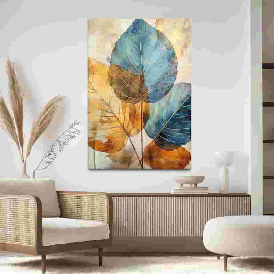 Quadro Decorativo Para Sala Quarto Hall 40x60 Folhas Clean Azul Dourado