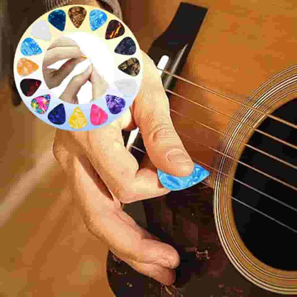 Caixa de armazenamento de palhetas de guitarra, 12 peças, 4 espessuras (0,46 mm, 0,71 mm, 0,96 mm, 1,2 mm) palhetas de celulóide presentes de música para baixo, guitarra elétrica, ukulele (cor