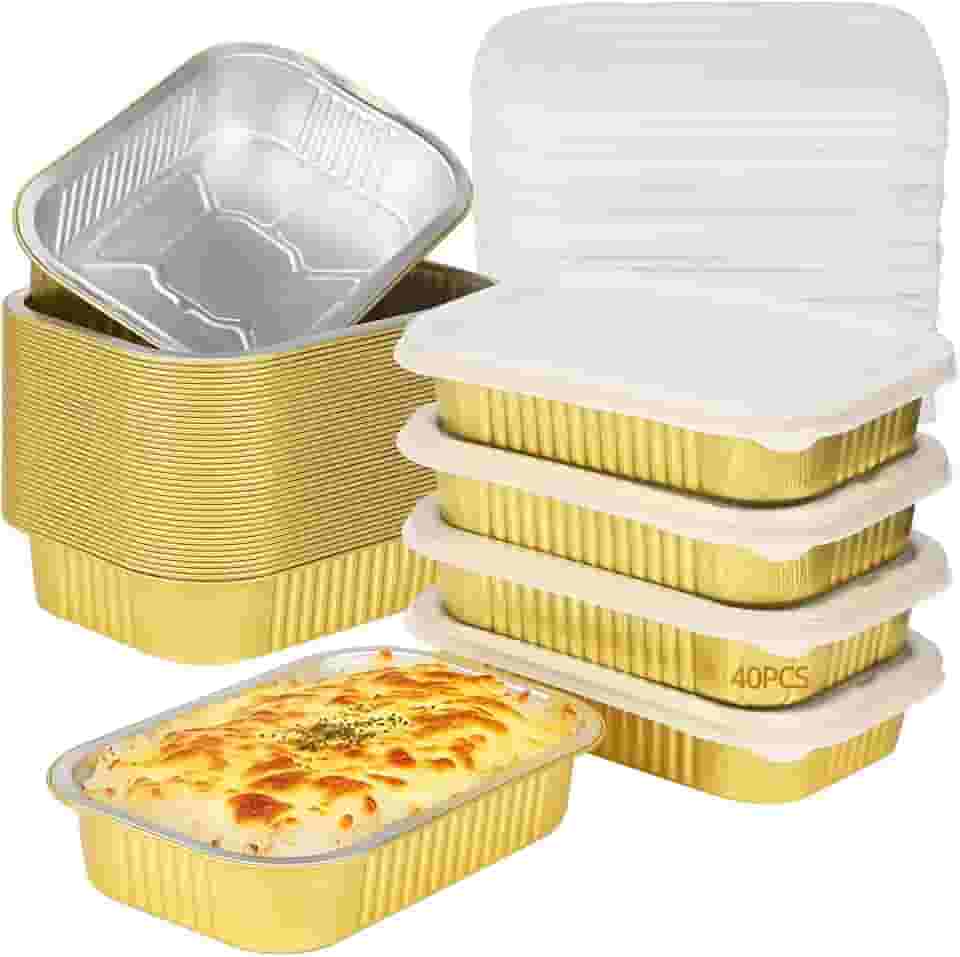 40 formas de alumínio com tampas, recipientes retangulares descartáveis para alimentos de 945 ml com tampas de plástico, bandejas de comida resistentes para assar, preparar refeições, congelar