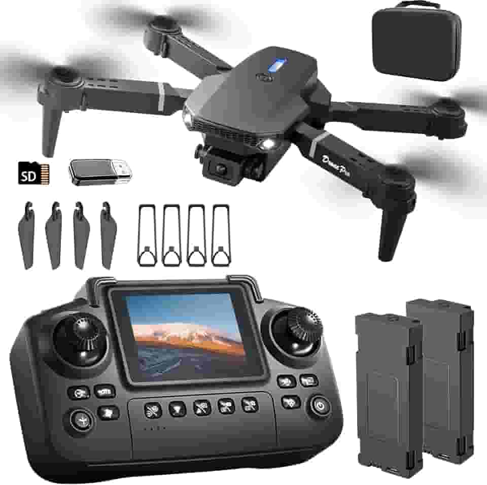 Drone E88 com controlador de tela com cartão SD, mini drone dobrável para iniciantes, 2 baterias, giro de ponto de passagem de 360°, evitação ativa de obstáculos, decolagem/pouso com uma tecla