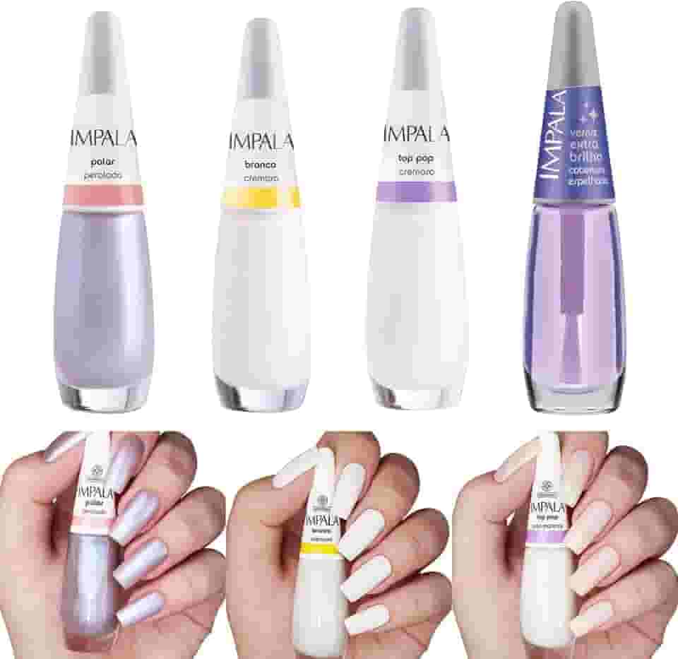 Kit Esmaltes Impala Tons de Branco + Verniz Extra Brilho + Base Seda + Óleo Secante (Esmaltes + Extra Brilho)