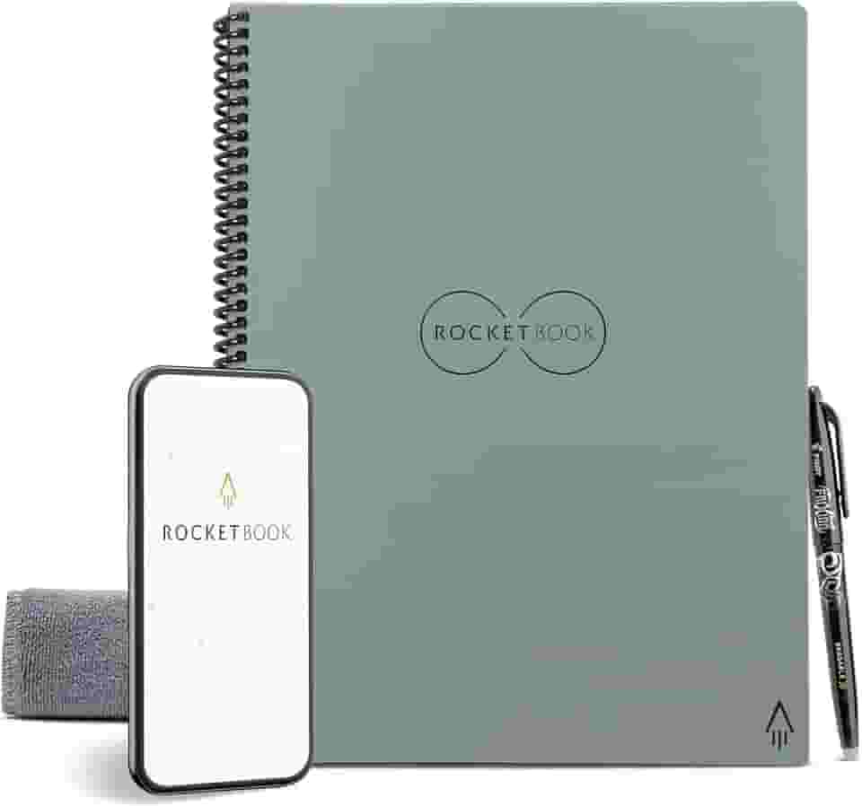 Rocketbook Caderno reutilizável inteligente com 1 caneta Pilot Frixion e 1 pano de microfibra, tamanho executivo 15,2 x 22,3 cm, Deep Space Grey