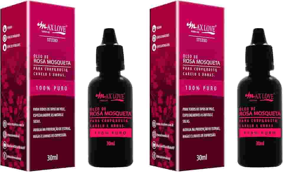 Óleo de Rosa Mosqueta - Kit 2 Unidades 30ml - 100% Puro Max Love - Hidratação Profunda e Suavidade - Óleo Facial e Corporal