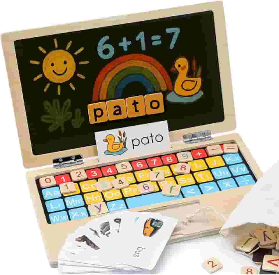 Kinderland Toys Laptop de Madeira Educativo Infantil 11.8' | Brinquedo Interativo Montessori com Letras, Números, Cartões e Lousa | Brinquedo de Alfabetização e Cálculo para Crianças 3+ Anos