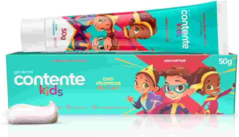 CONTENTE Gel Dental Kids Sabor Tutti-Frutti - Combate Cáries e Placas - Frescor Prolongado - Vegano - 50g