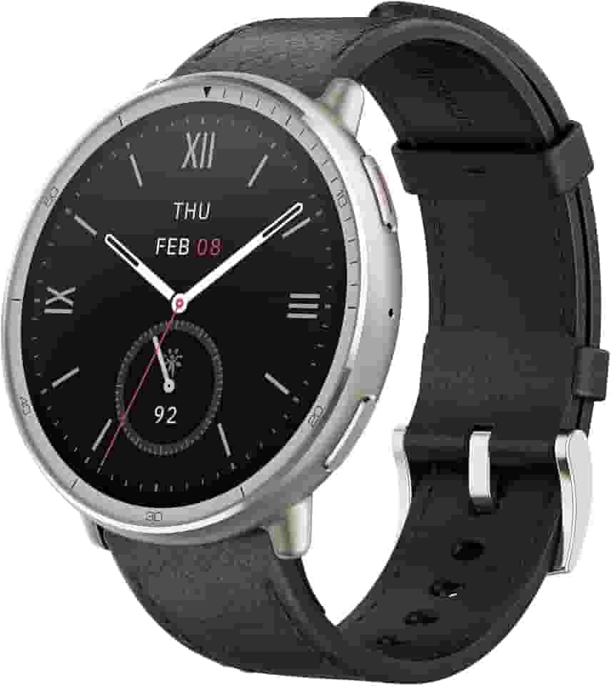 Relógio inteligente 44 mm Amazfit Active 2 Premium Edition, mapa GPS com orientação, bateria de 10 dias, modo de esportes 160 +, resistente à água, para Android e Apple iPhone (Black Leather Strap)