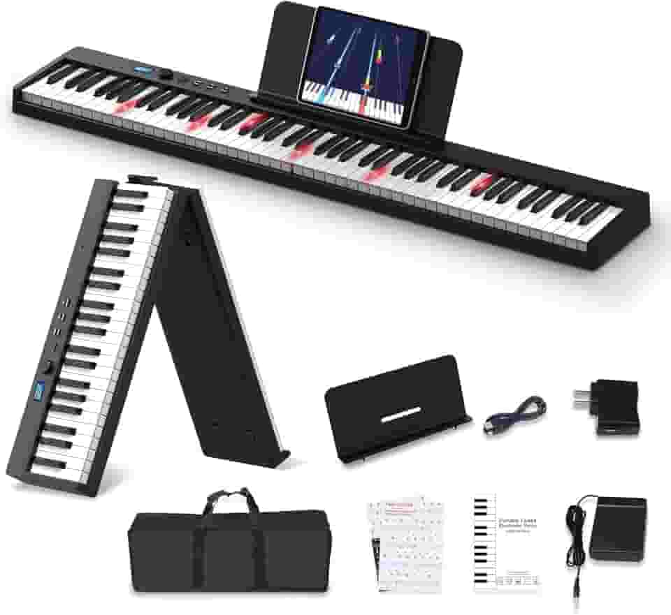 VEDO Piano digital dobrável de 88 teclas, tamanho normal, semi-pesado, com Bluetooth, estante para partituras, pedal de sustain e bolsa para piano, na cor branca (Retroiluminação do teclado em preto)