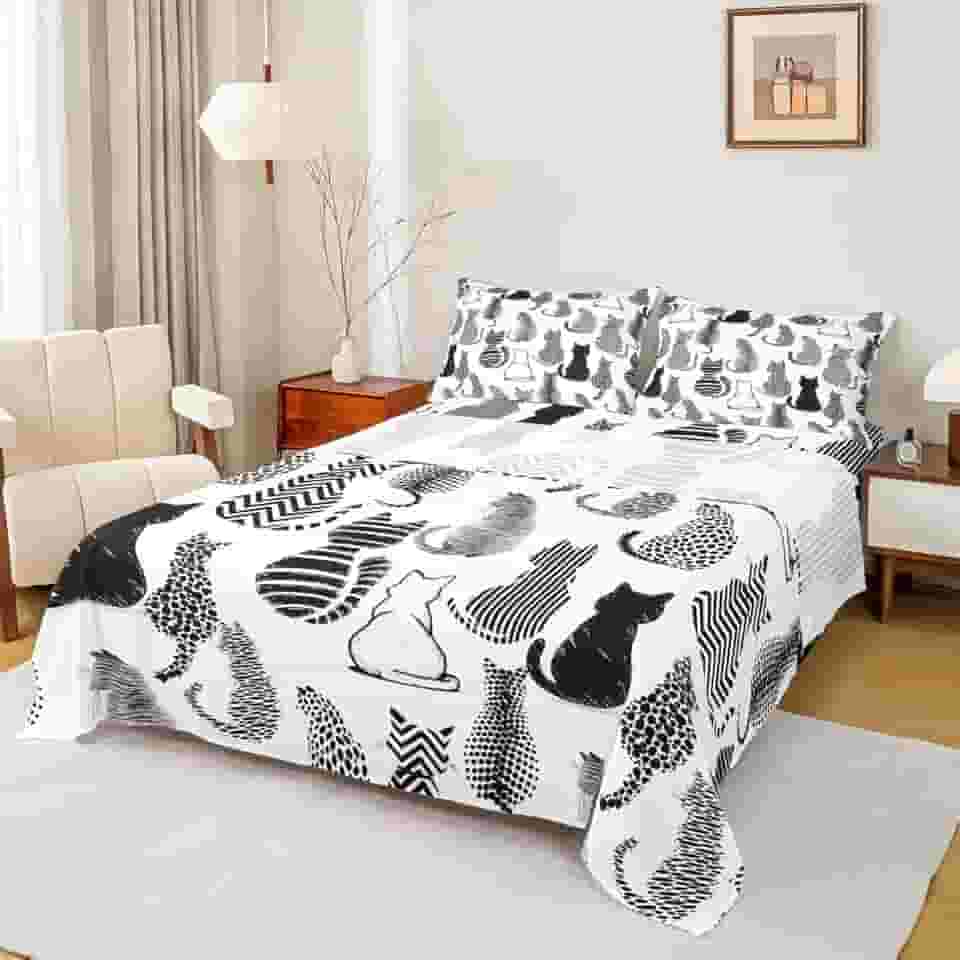 Jogo de lençol casal com estampa de gato fofo, 4 peças, listrado, bolinhas, adolescentes, silhueta de gato (1 elástico, 1 lençol de cima, 2 fronhas) lençol de cama luxuoso com bolso profundo