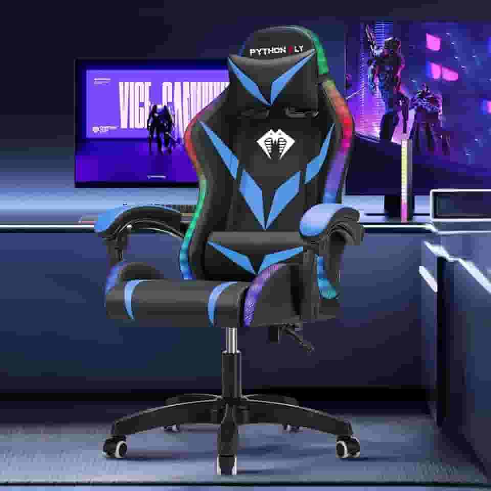 Cadeira Gamer RGB Python Fly com Iluminação Decorativa, Encosto Reclinável, Design Ergonômico para Escritório e Jogos (Azul)