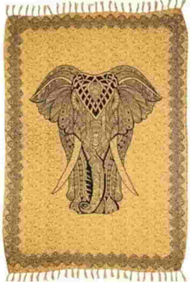 Canga de Praia Estampa de Elefante Mandala Poliéster Bege com Franja, Decorativa Piscina