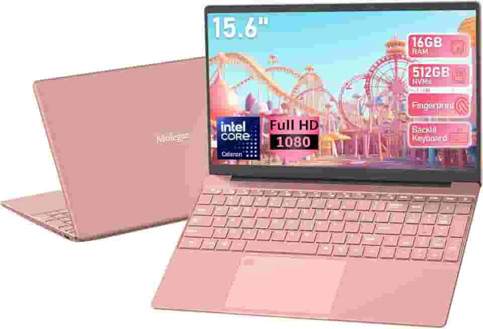 Laptop de estudante FHD de 15,6 polegadas rosa, 16 GB DDR4 RAM 512 GB PCIe SSD, laptop portátil com teclado retroiluminado, abertura de ângulo de 180°, leitor de impressão digital, bateria de 6000 mAh