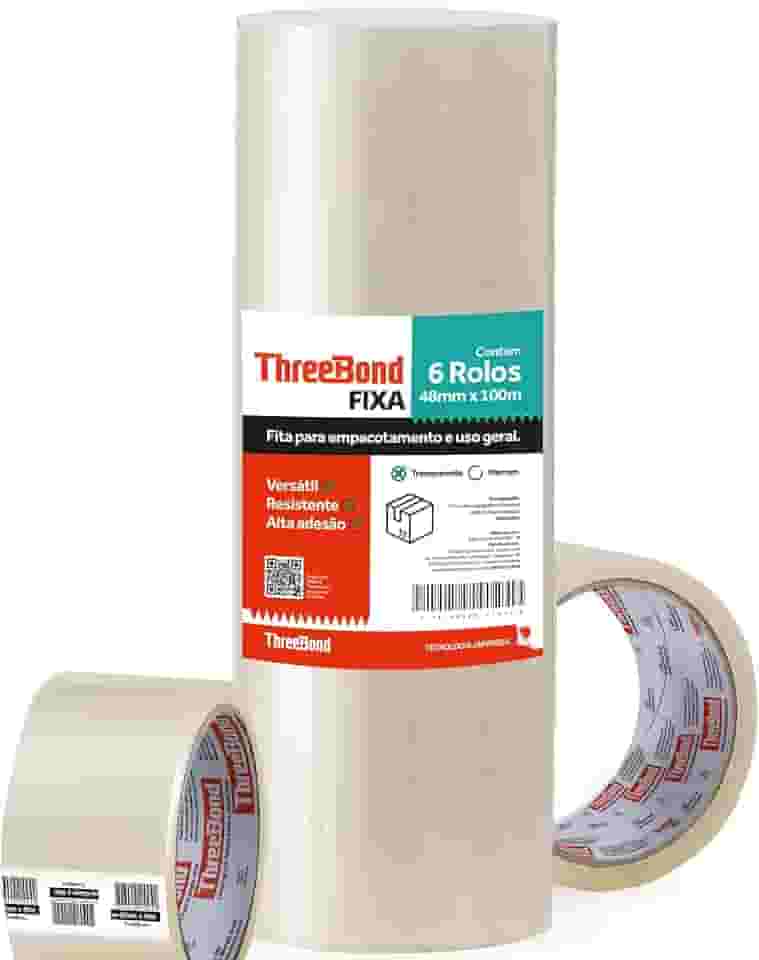 Kit 6 Fitas Empacotamento ThreeBond 48mm x 100M - Fita Larga Transparente Adesiva para Caixas, E-commerce e Mudança
