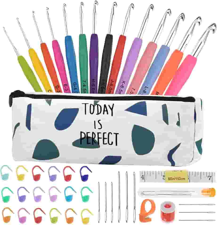 Conjunto de 14 tamanhos de agulhas de crochê, kit de crochê para iniciantes e adultos, acessórios de tricô, ferramentas com estojo, agulhas de crochê de alumínio de 2,0 mm-10,0 mm, aderência