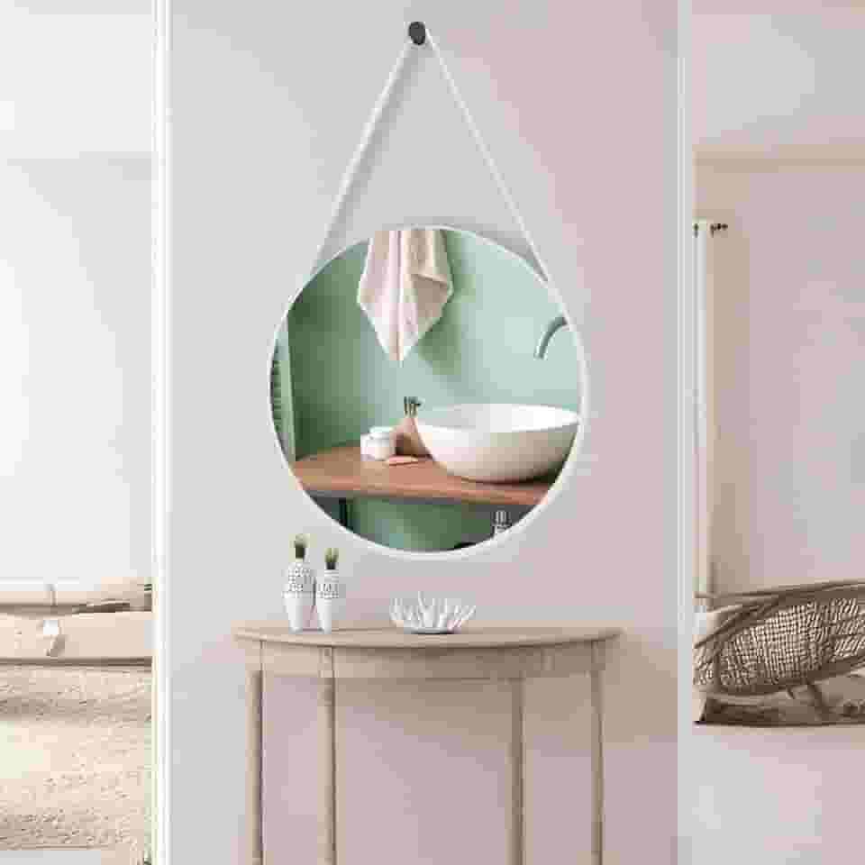 Espelho Redondo 60cm Adnet com Alça de Couro Decoração Moderna para Banheiro Sala ou Quarto (Branco)