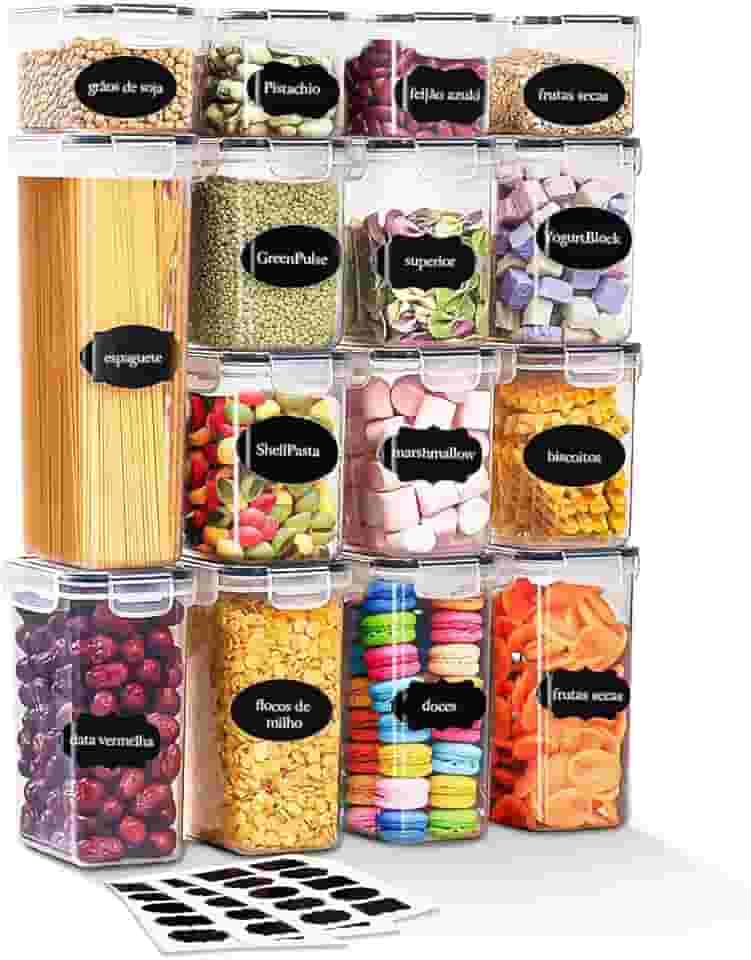 Kit Com 15 Potes Herméticos para Mantimentos, Alimentos, Marmita e Grãos, Plástico PP Transparente com Tampa Easy Lock, para Organização Armário de Cozinha e Casa, BPA Free