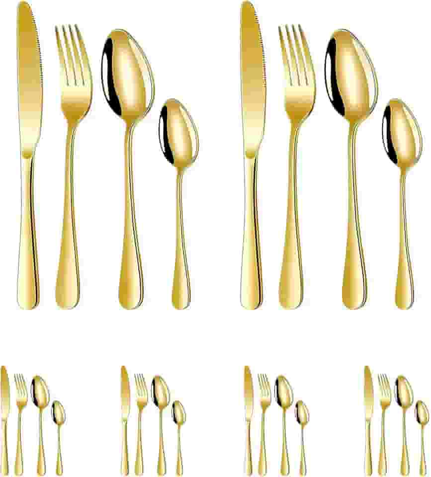Conjunto de Talheres Dourados 24 Peças - Kit Completo para 6 Pessoas em Aço Inoxidável com Acabamento Uniforme