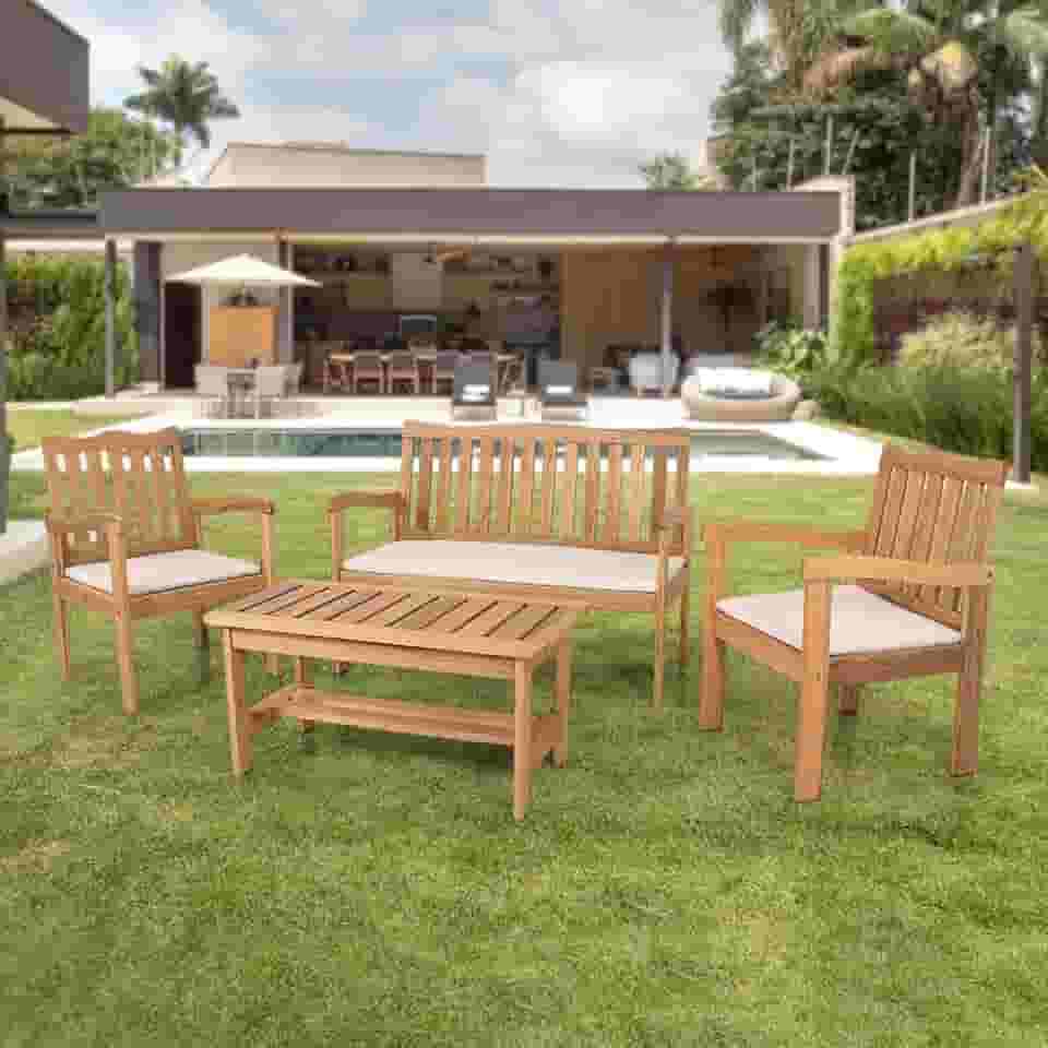Conjunto para Jardim de Madeira Eucalipto 4 Peças Estofado Nature Amadeirado/Bege
