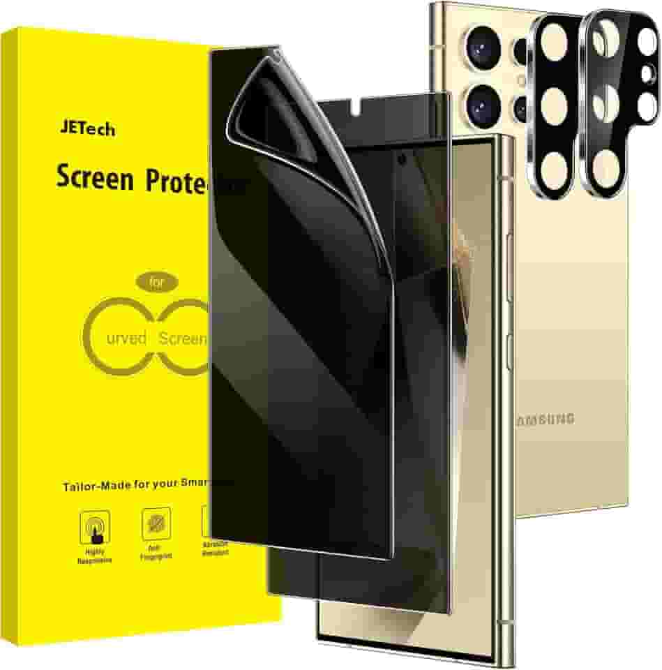 JETech Película Protetor de Tela Privacidade para Samsung Galaxy S24 Ultra 5G 6,8 Polegadas com Protetor Lente Câmera, TPU Flexível Anti-Espião, Compatível com Fingerprint Unlock, 2 Pacotes Cada