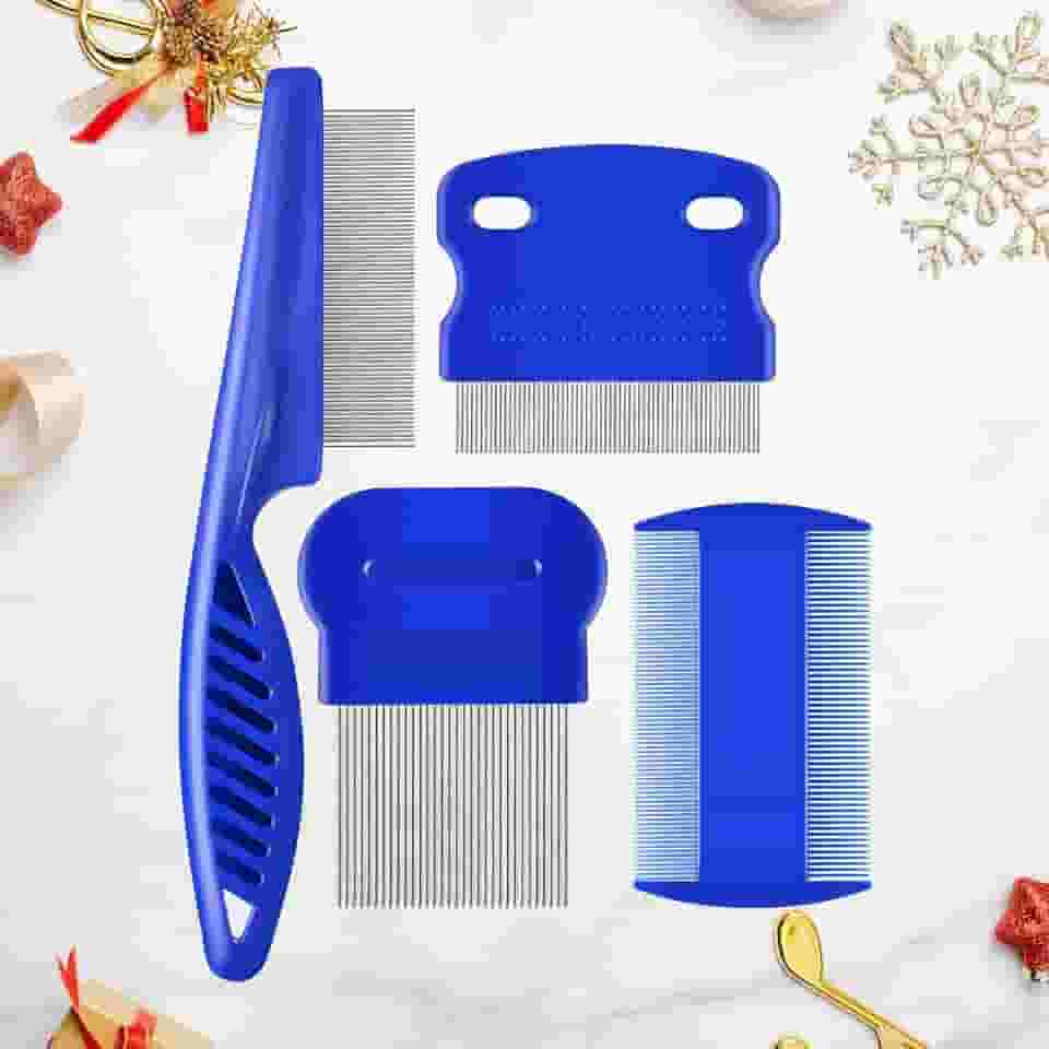 Pacote com 4 pentes para piolhos de pulgas, pentes de aço inoxidável com dentes arredondados, removedor de manchas profissional de dupla face, para amigos peludos pequenos, médios e grandes