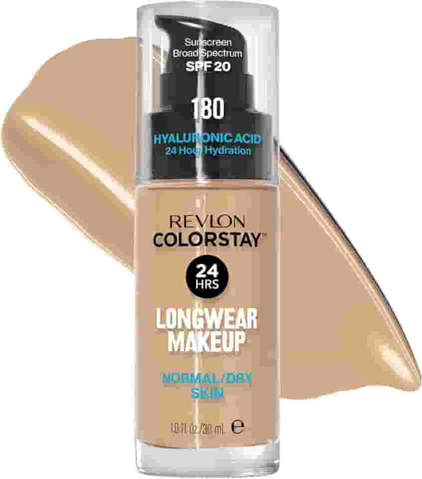REVLON Base Líquida, Colorstay Face Makeup Para Pele Normal E Seca, Fps 20, Cobertura Média-Total De Longa Duração Com Acabamento Natural, Sem Óleo, 180 Sand Beige, 1 Fl Oz