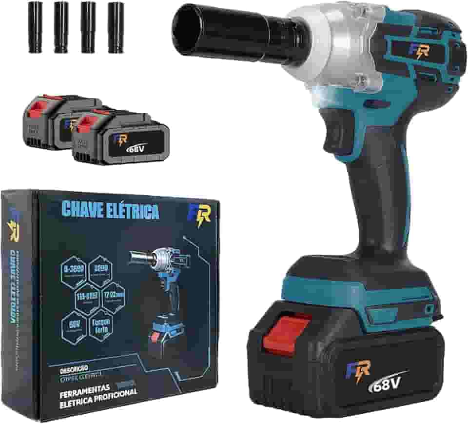Chave de Impacto Elétrica 68V 1.3AH com 2 Baterias, Sem Fio, Torque 800 N.M., Motor Brushless, Entrada 1/2" e 1/4" para Autos e Construção