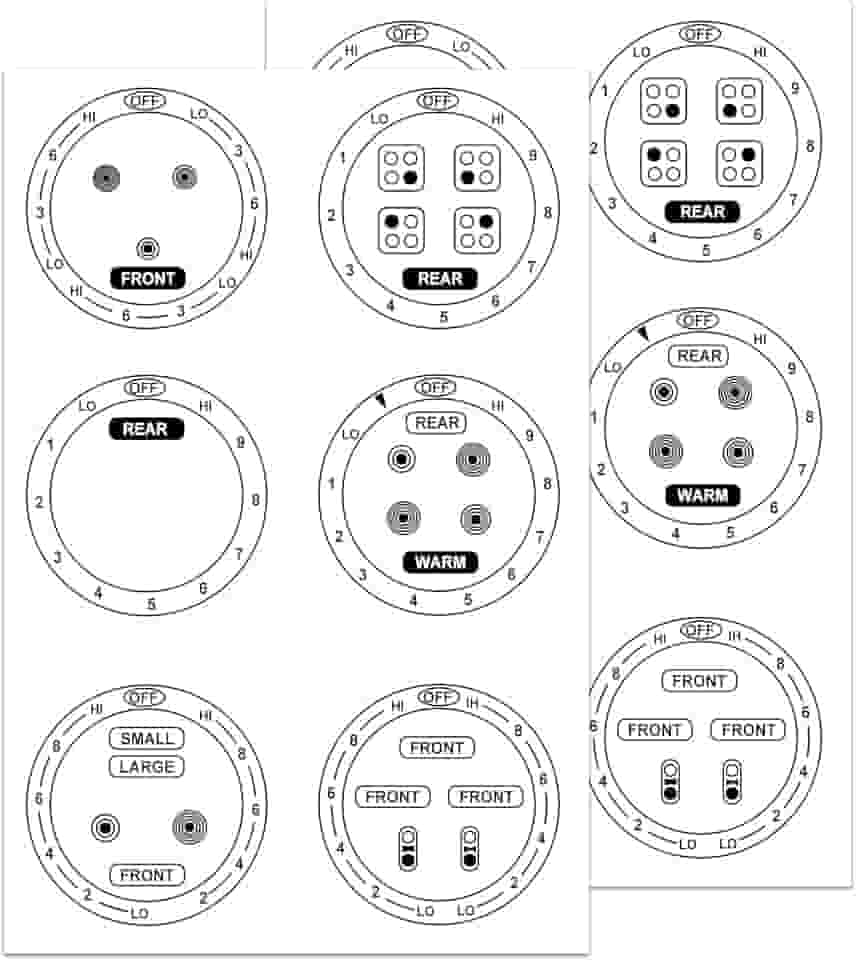 12 peças de adesivos de mostradores de fogão para queimador, fogão, fogão superior, forno, substituição, botão adesivo, símbolos, kit de manípulos elétricos para identificar os queimadores (preto)