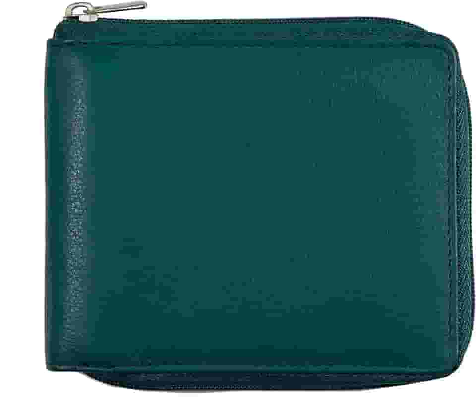 Carteira masculina de couro bovino dobrável com bloqueio de RFID com zíper | Corrente de zíper de metal segura com 9 cartões de identificação fina e minimalista, Verde floresta, One Size