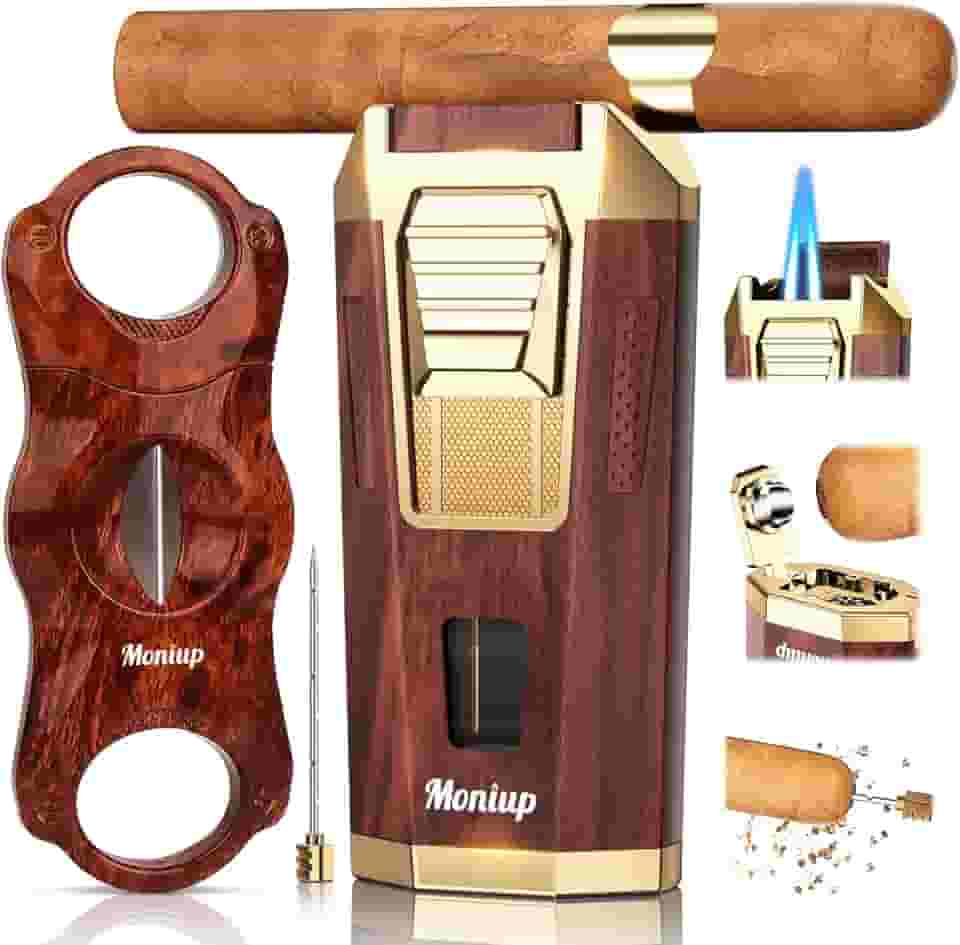 Isqueiro De Maçarico 4 Em 1, Com Conjunto De Cortador De Charuto Em V, Furador De Charuto Integrado, Suporte De Charuto E Intensificador De Tiragem, Acessórios Para Charutos, Presentes Para H