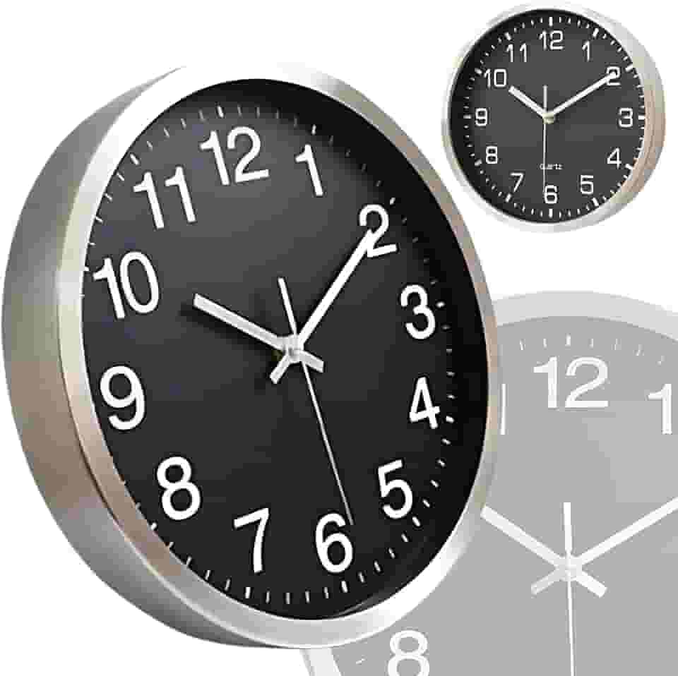 Relógio de Parede Silencioso Prata em Alumínio Decorativo Minimalista Moderno Cozinha Quarto Sala Escritório Redondo Fundo Preto Ponteiro Segundos Contínuo Aço Escovado