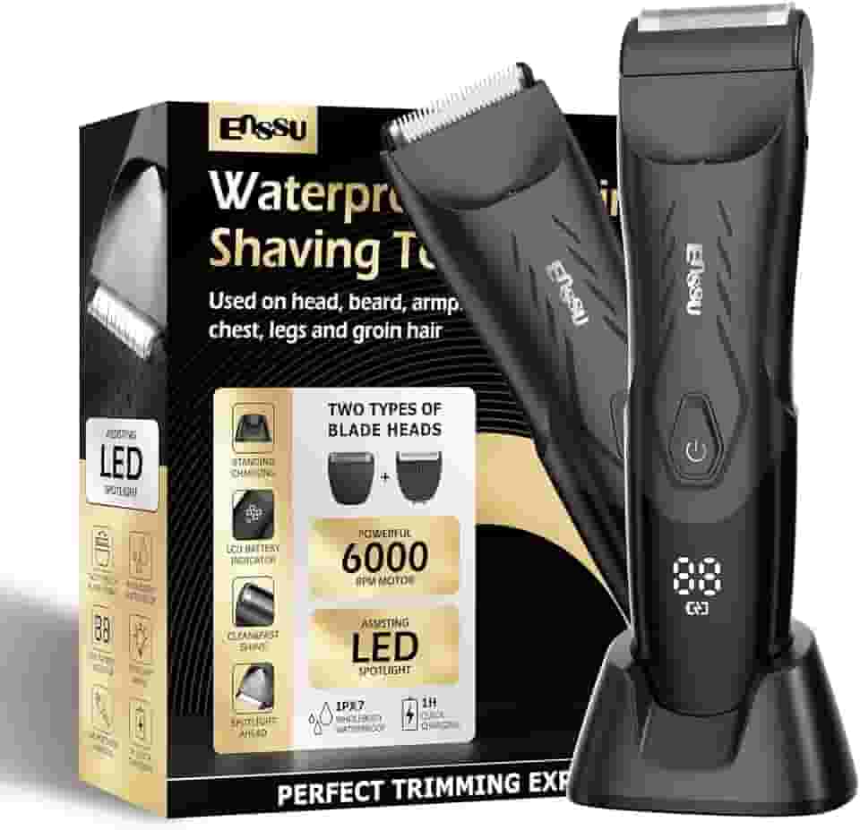 ENSSU Aparador de pelos corporais para homens: aparador e barbeador 2 em 1 com luz LED para testículos/púbis/virilha, aparador à prova d'água para homens, barbear sem cortes, aparagem suave