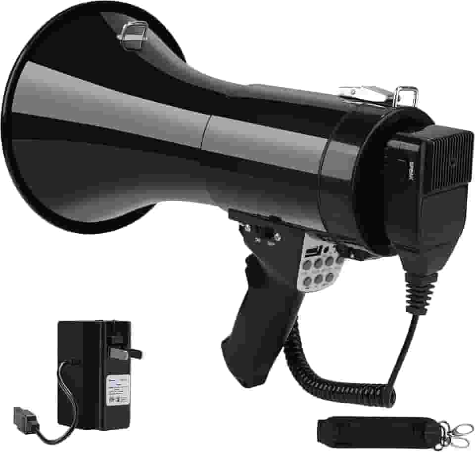 Megafone Bullhorn Bluetooth 50W com bateria recarregável - Mega telefone profissional com sirene e gravação 240s suporta USB/TF/entrada auxiliar de 3,5 mm - alcance de 1600 metros para atividades
