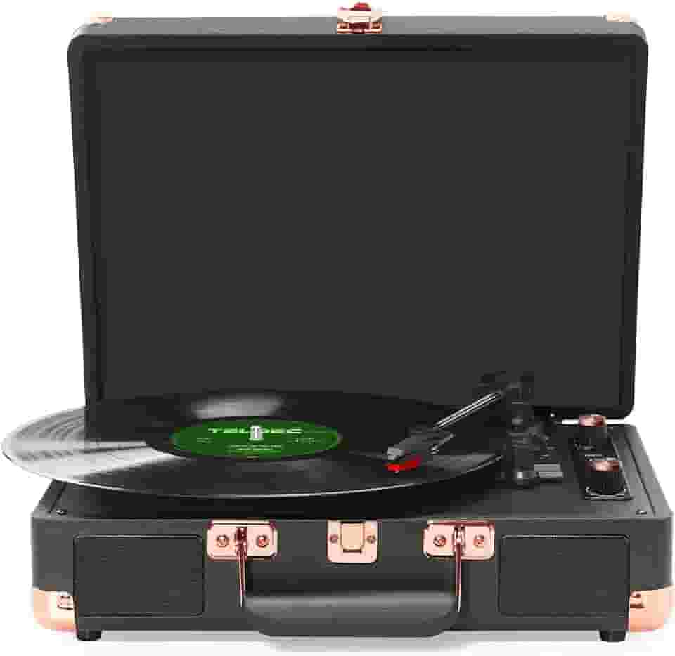 ANVAR VEDO Toca-Discos Portátil com Bluetooth, Alto-Falante, 3 Velocidades (33/45/78 RPM), Design Retrô de Maleta, Compatível com LPs 7/10/12", Controle de Graves, AUX, RCA Parada Automática 110V/220V