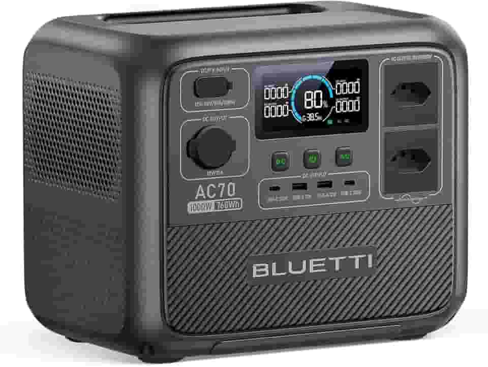 BLUETTI AC70 Estação de Energia Portátil, 768 Wh Bateria de Reserva LiFePO4 com 2 Saídas CA de 120V / 1.000 W (2.000 W Power Lifting), 100 W Tipo C, Gerador Solar para Viagens, Falta de Energia