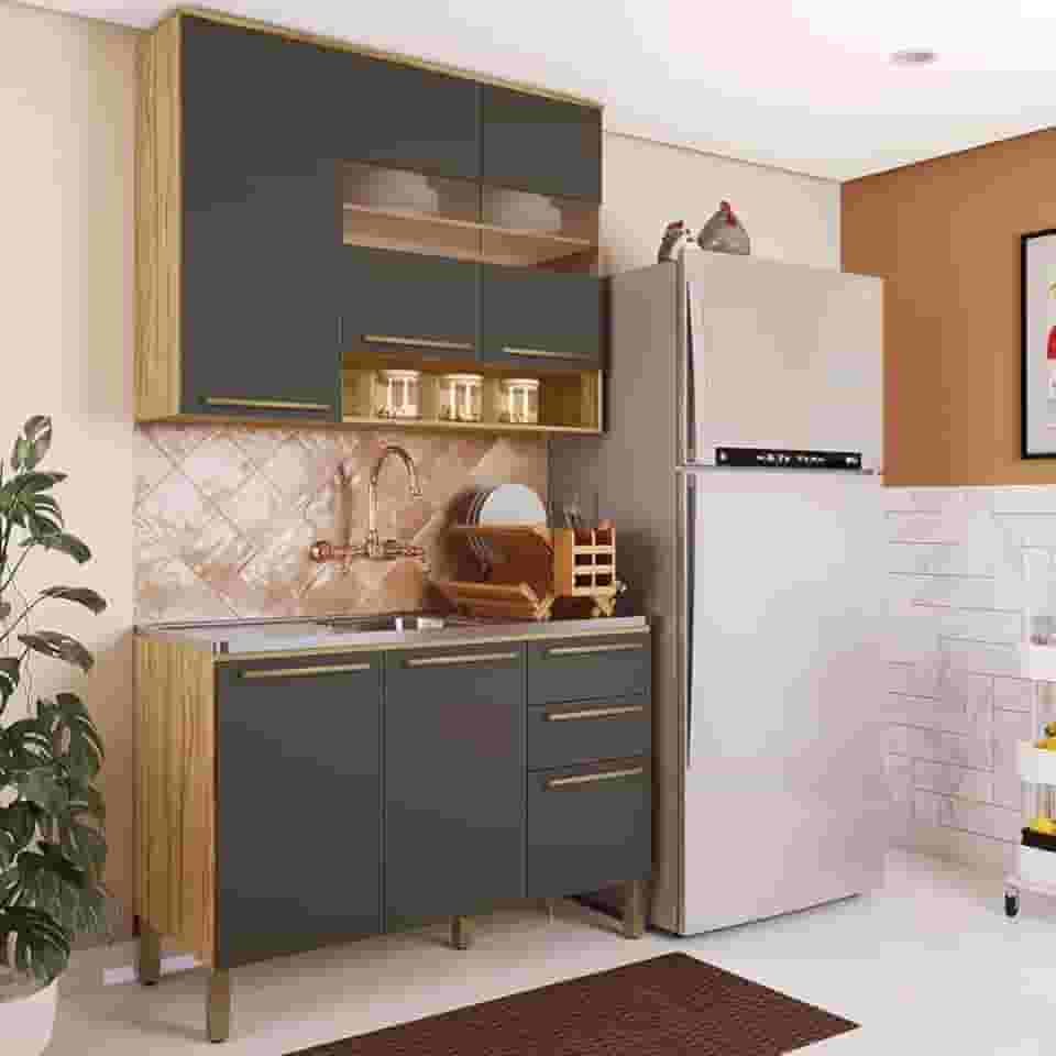 Cozinha Modulada Compacta 2 Peças 6 Portas 2 Gavetas sem Tampo com Vidro Reflecta 100% Mdf Itália Es Amêndoa/Chumbo