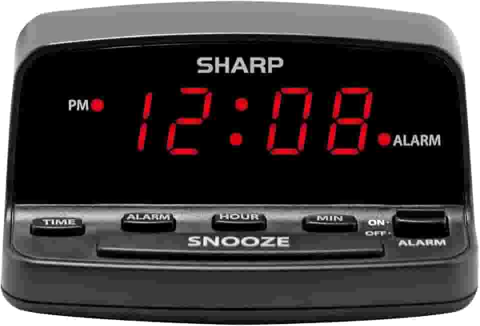 Sharp Despertador digital com controles de estilo de teclado, bateria reserva, fácil de usar com operação simples, caixa preta com visor LED vermelho