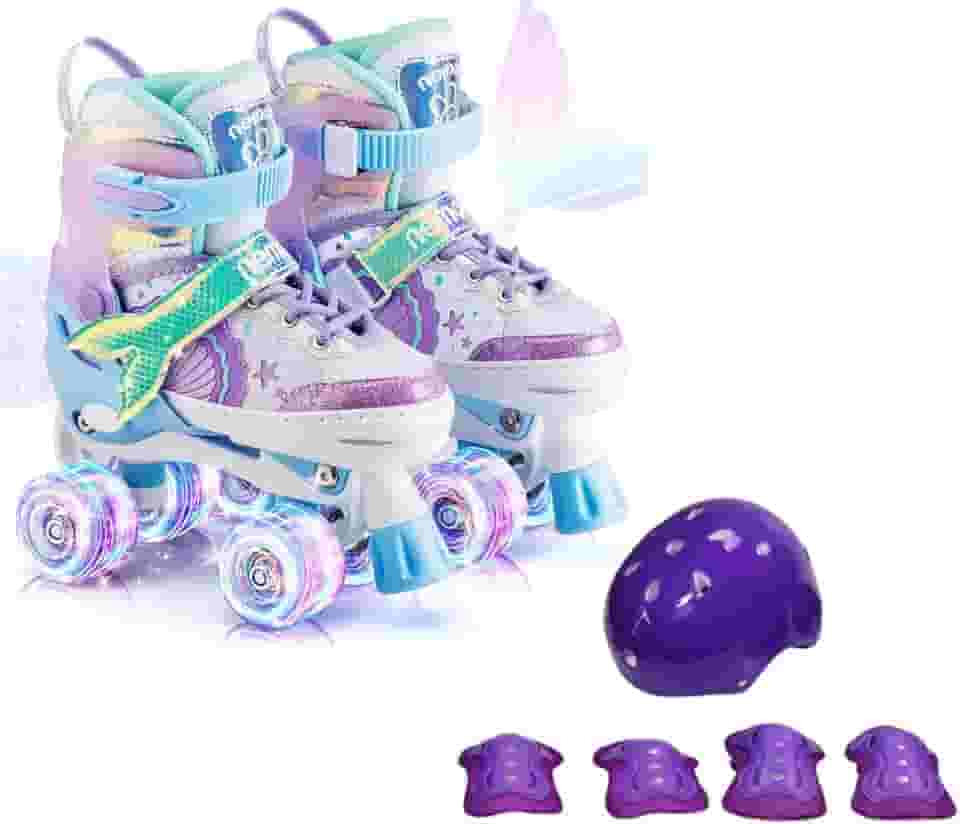 Patins Infantil Sereia com 4 Rodas Iluminadas LED, Ajustável, para Crianças com Kit de Proteção