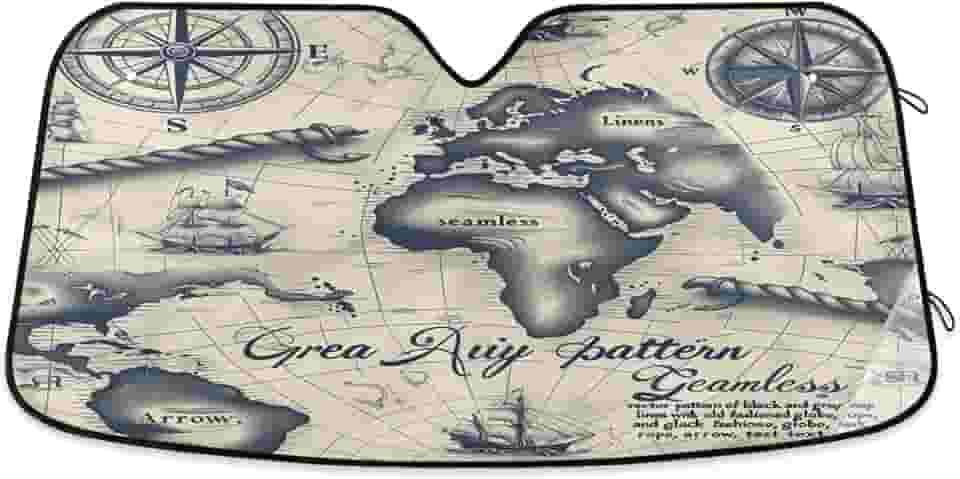Mapa do mundo vintage pára-brisa de carro protetor de viseira frontal dobrável para carro, SUV, caminhão - Mantenha o veículo fresco, 133 x 23,5 polegadas