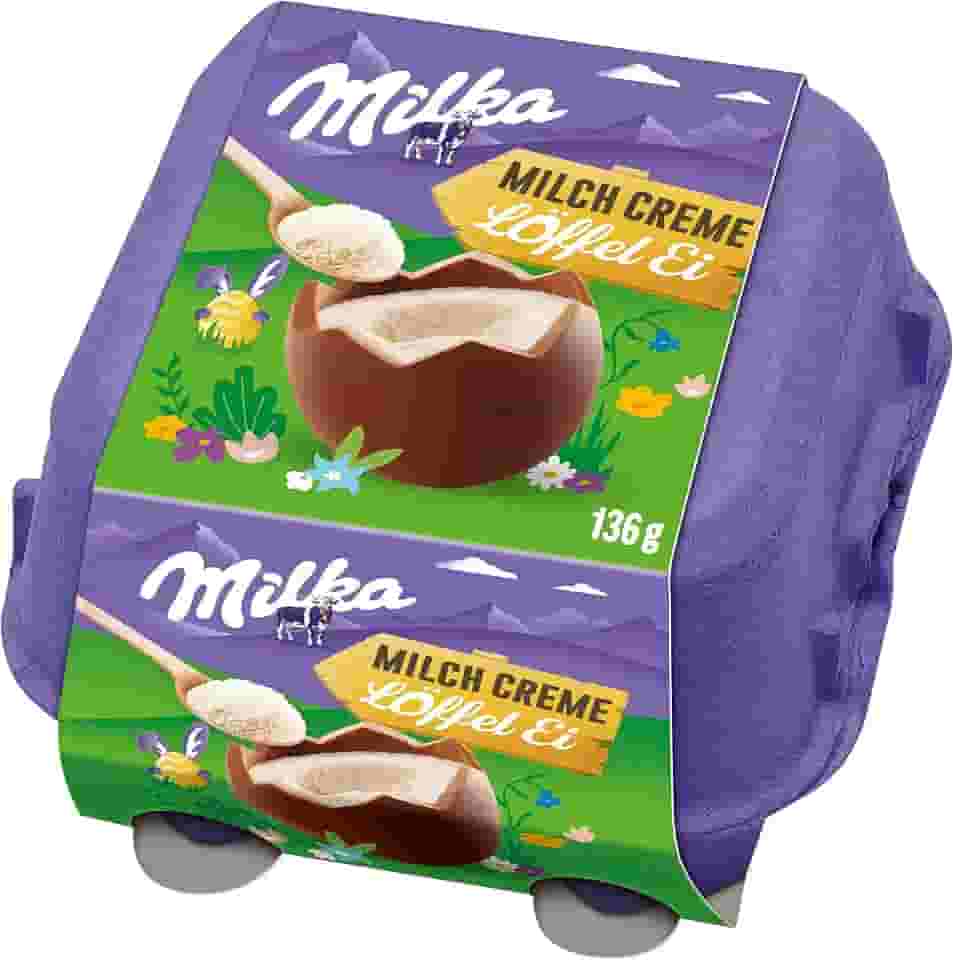 Ovo de Páscoa de Colher Milka Spoonable Creme de Leite 136g (4 unidades de 34g cada) + Colher de Madeira