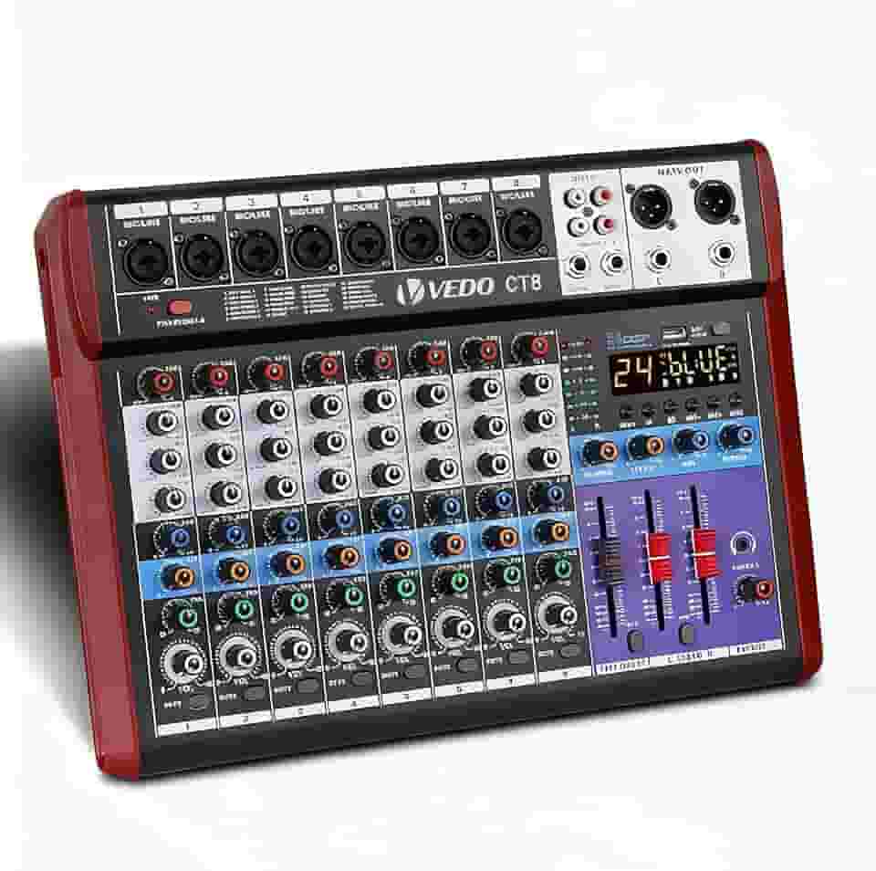 Mixer de Áudio de 8 Canais com Alimentação Fantasma de 48 V, Equalizador de 3 Bandas, 24 Efeitos DSP, Bluetooth 5.0 - Adequado para Gravação em Estúdio, Som ao Vivo, Shows em Palco e Karaokê