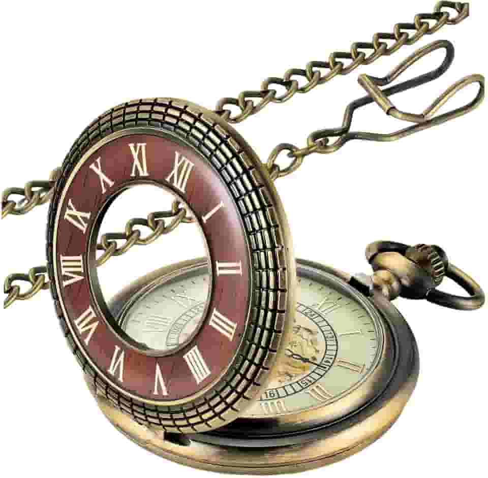 Relógio de bolso vintage de quartzo em escala de algarismos romanos, design oco de madeira com corrente para presente de Natal e Dia dos Pais