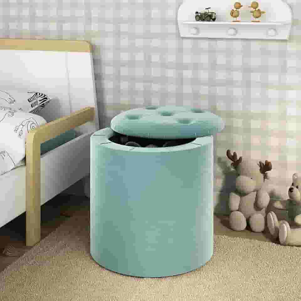 Puff Baú Banqueta Redondo Armazenamento Organizador Tecido Sala Apoio P/Pés (Verde-Claro)