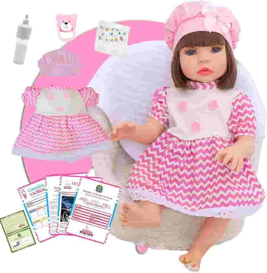Boneca Bebê Reborn Menina Realista em Silicone com Roupinha e Acessórios Inclusos 45 cm (Listra Rosa)