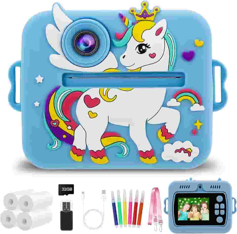 Câmera Infantil, Portátil Digital, Pode Selfie com 32GB Cartão, Papel Fotográfico, Canetas Coloridas, Vídeo HD, Brinquedos Meninas Meninos com Crianças de 3 a 14 Anos （Azul）