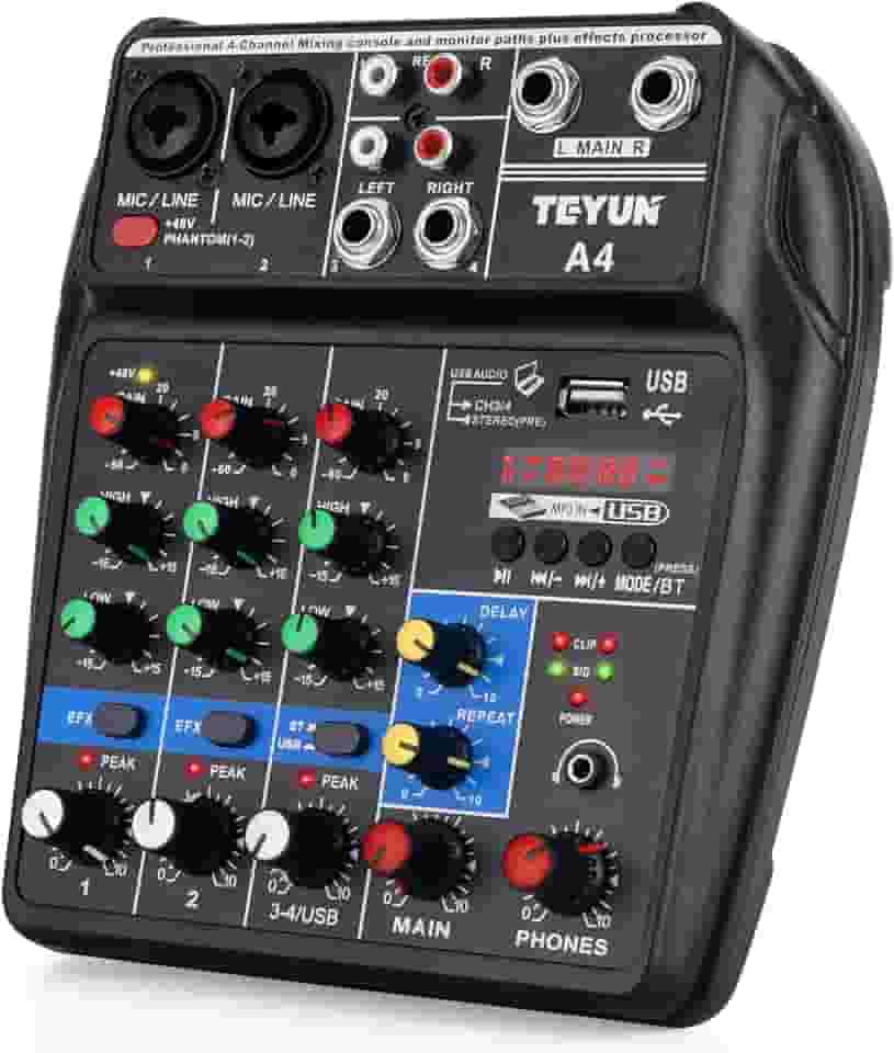 Mixer USB Bluetooth de Quatro Canais, Mini Mixer Digital, Interface de Audio Profissional, Processador de Áudio Multifuncional para Palco e Estúdio, Mesa de Som